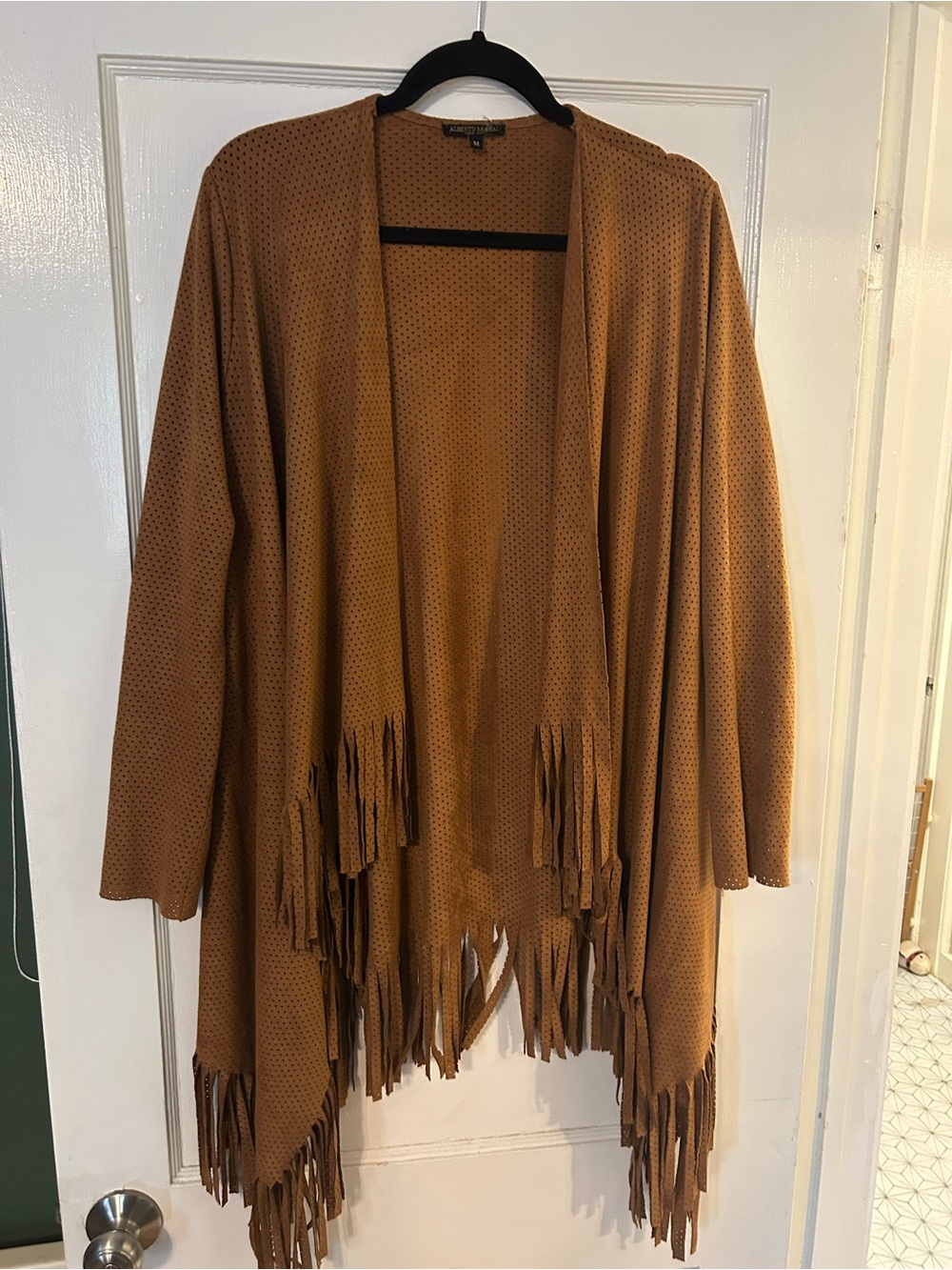 Faux Suede Perforated Fringe Open-Front Cardigan in Tan Brown